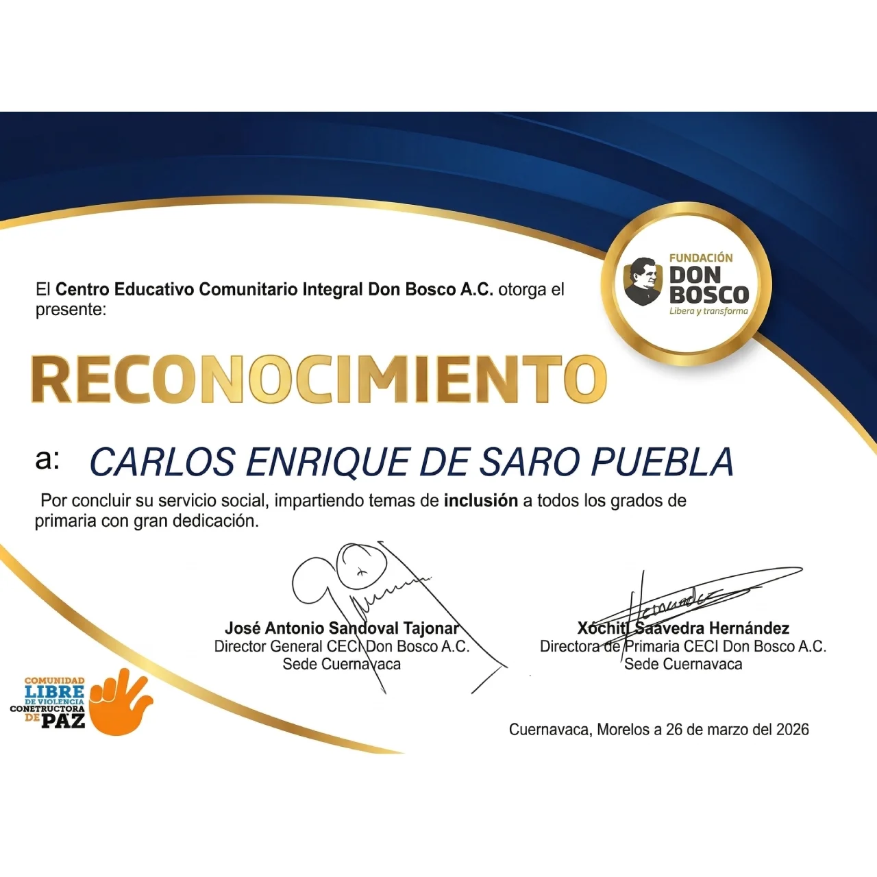 Certificado de Carlos Enrique De Saro Puebla
