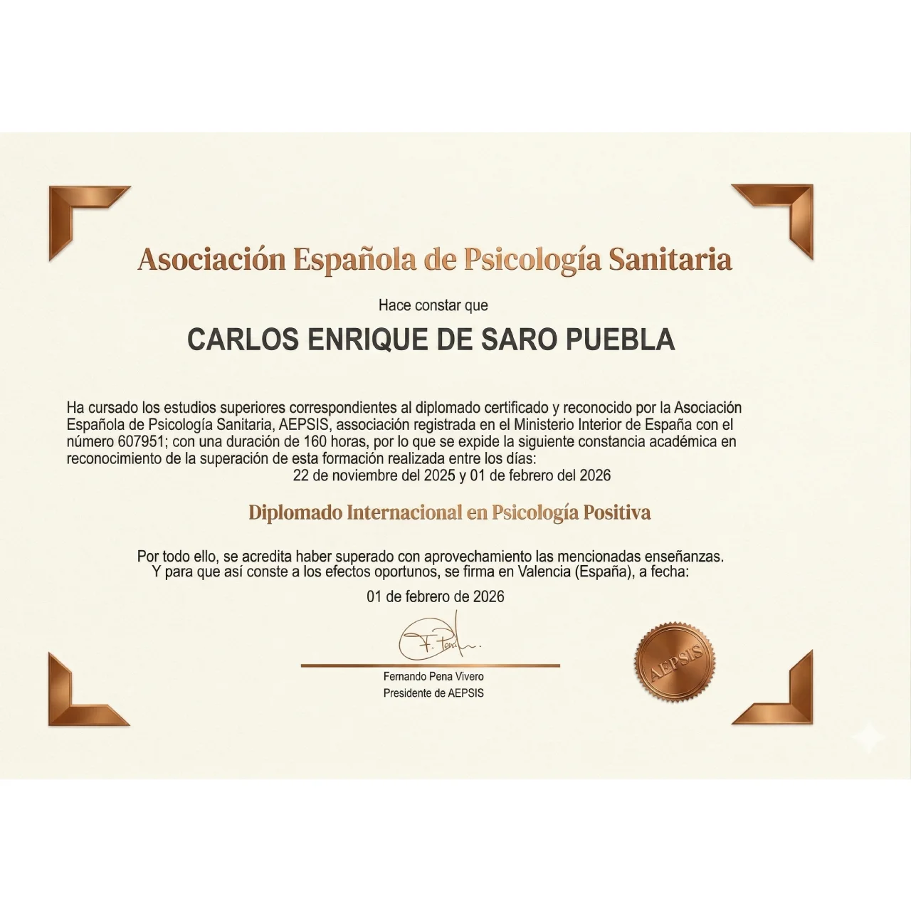 Certificado de Carlos Enrique De Saro Puebla