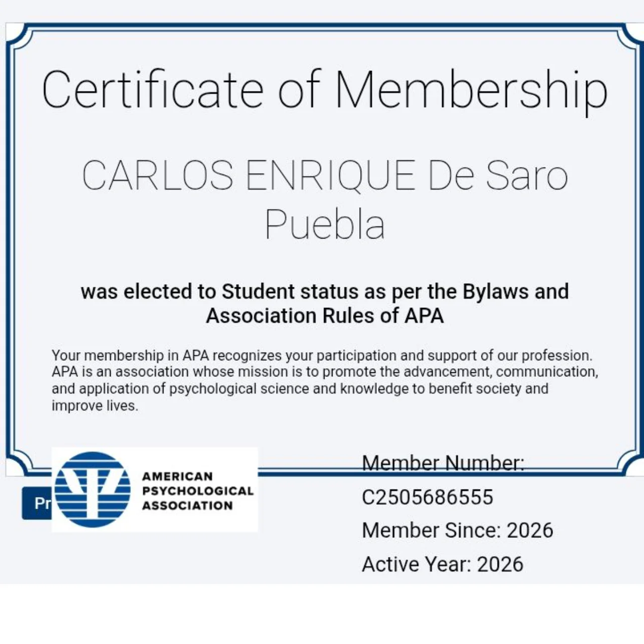 Certificado de Carlos Enrique De Saro Puebla
