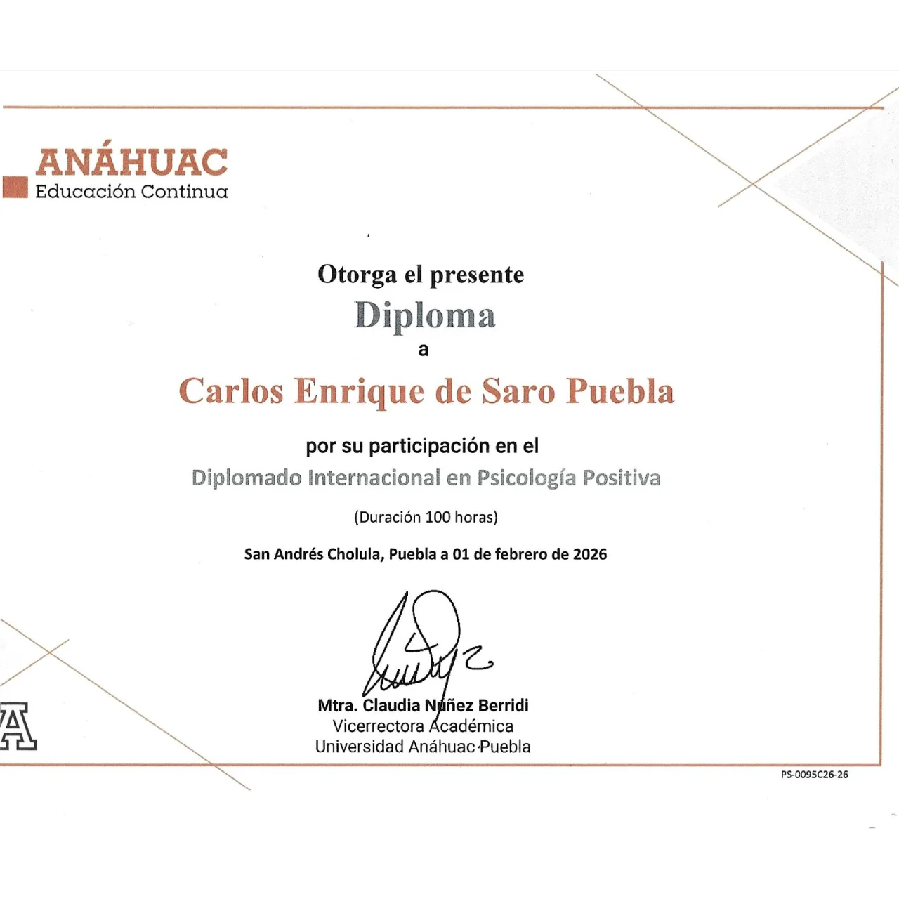Certificado de Carlos Enrique De Saro Puebla