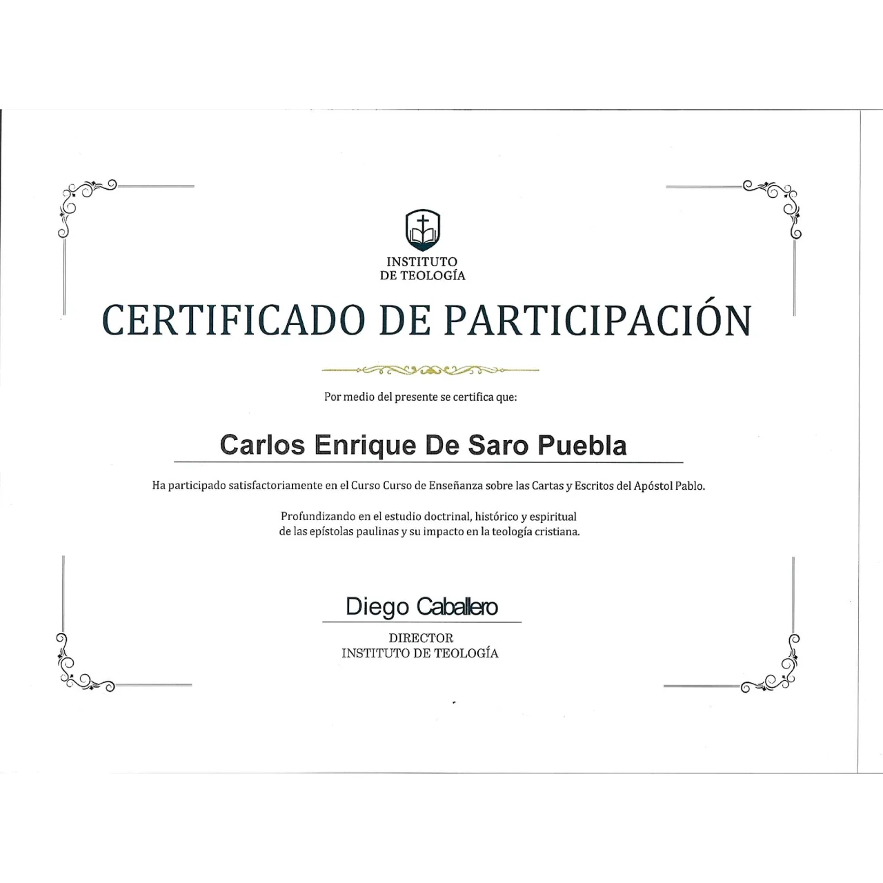 Certificado de Carlos Enrique De Saro Puebla