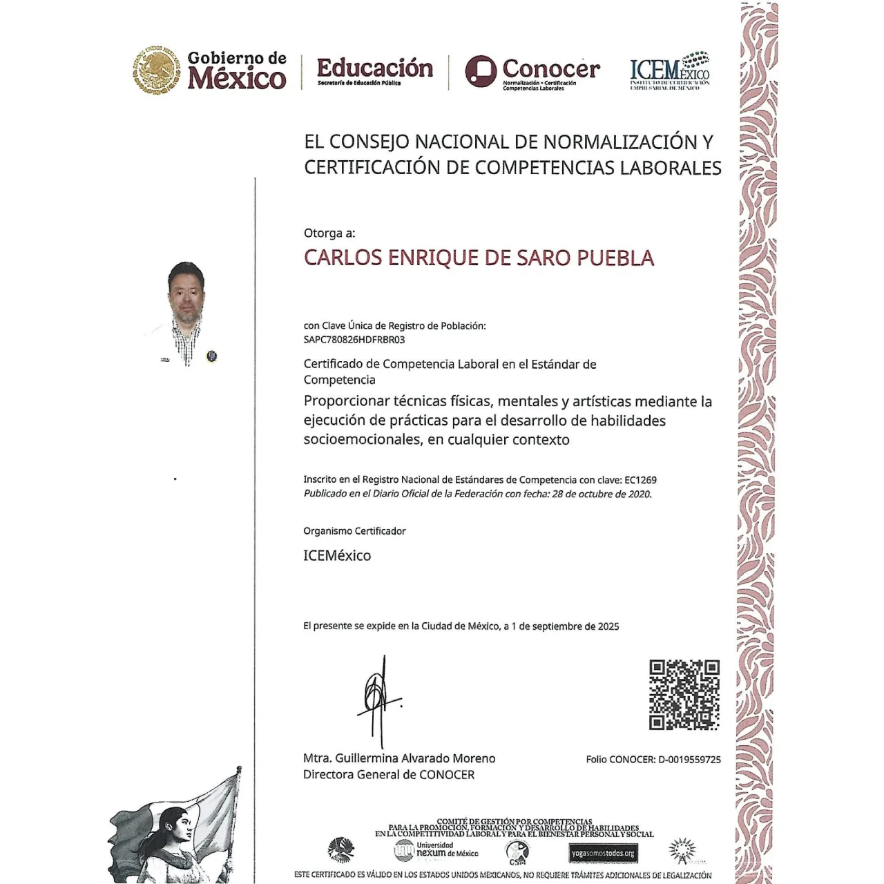 Certificado de Carlos Enrique De Saro Puebla