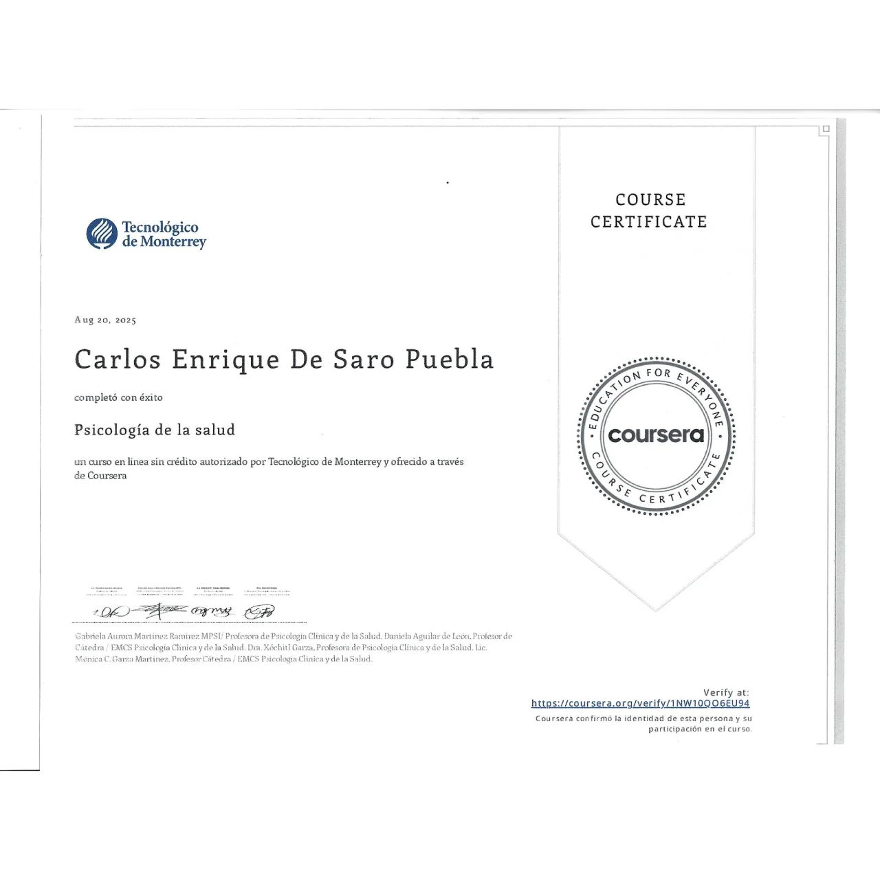 Certificado de Carlos Enrique De Saro Puebla