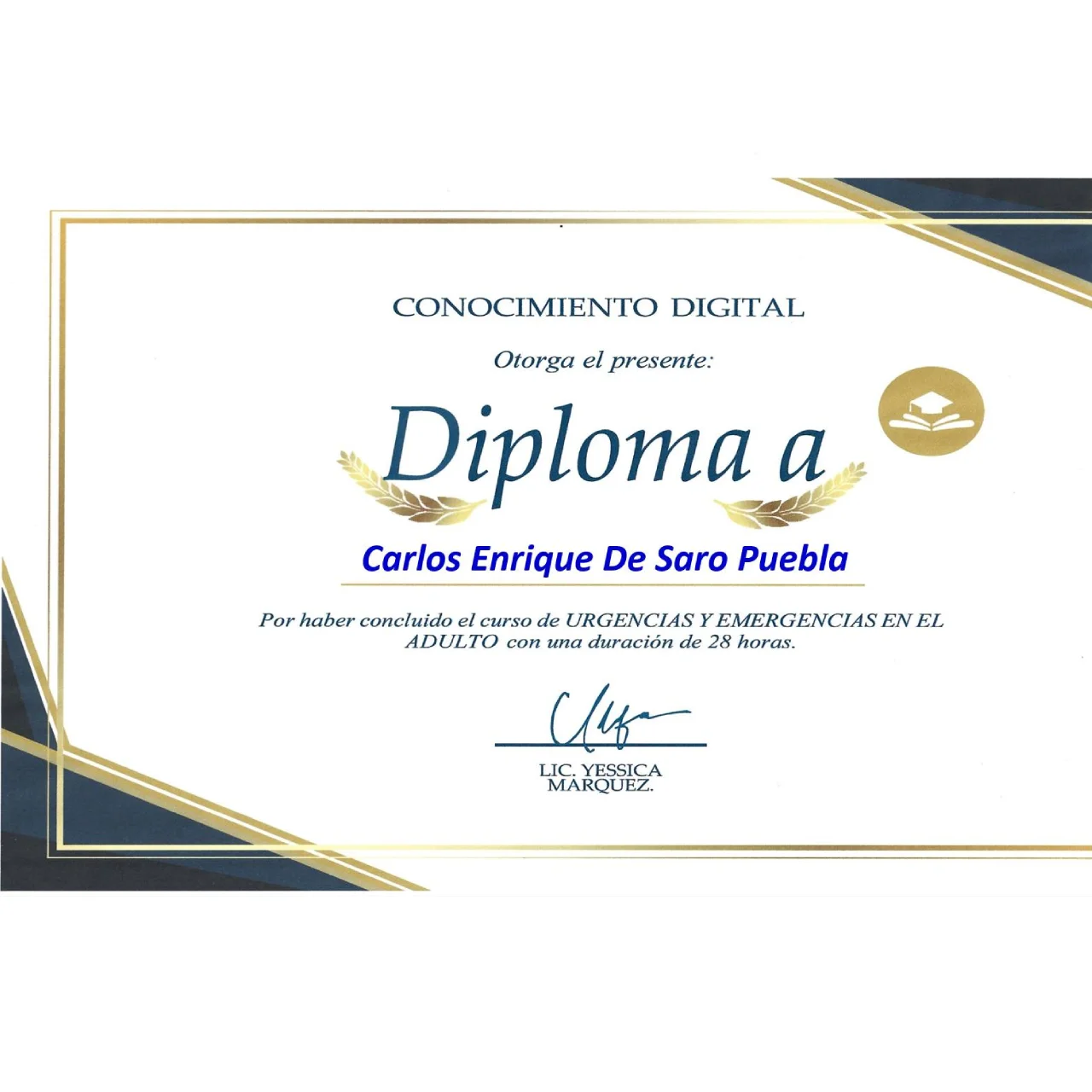 Certificado de Carlos Enrique De Saro Puebla