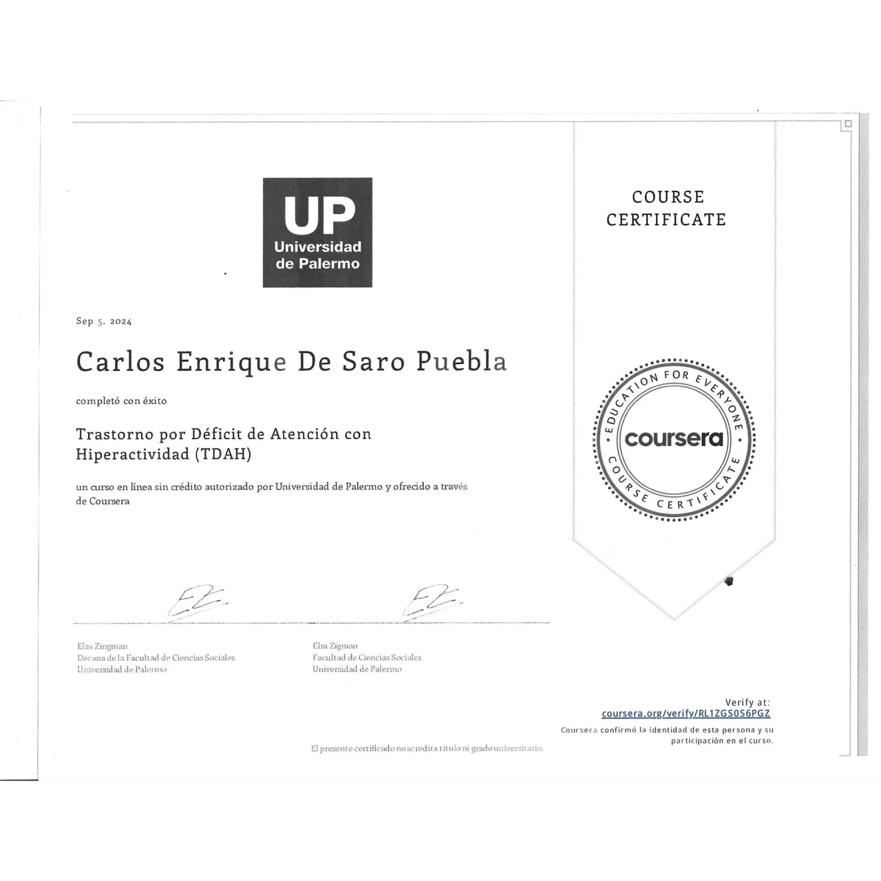 Certificado de Carlos Enrique De Saro Puebla